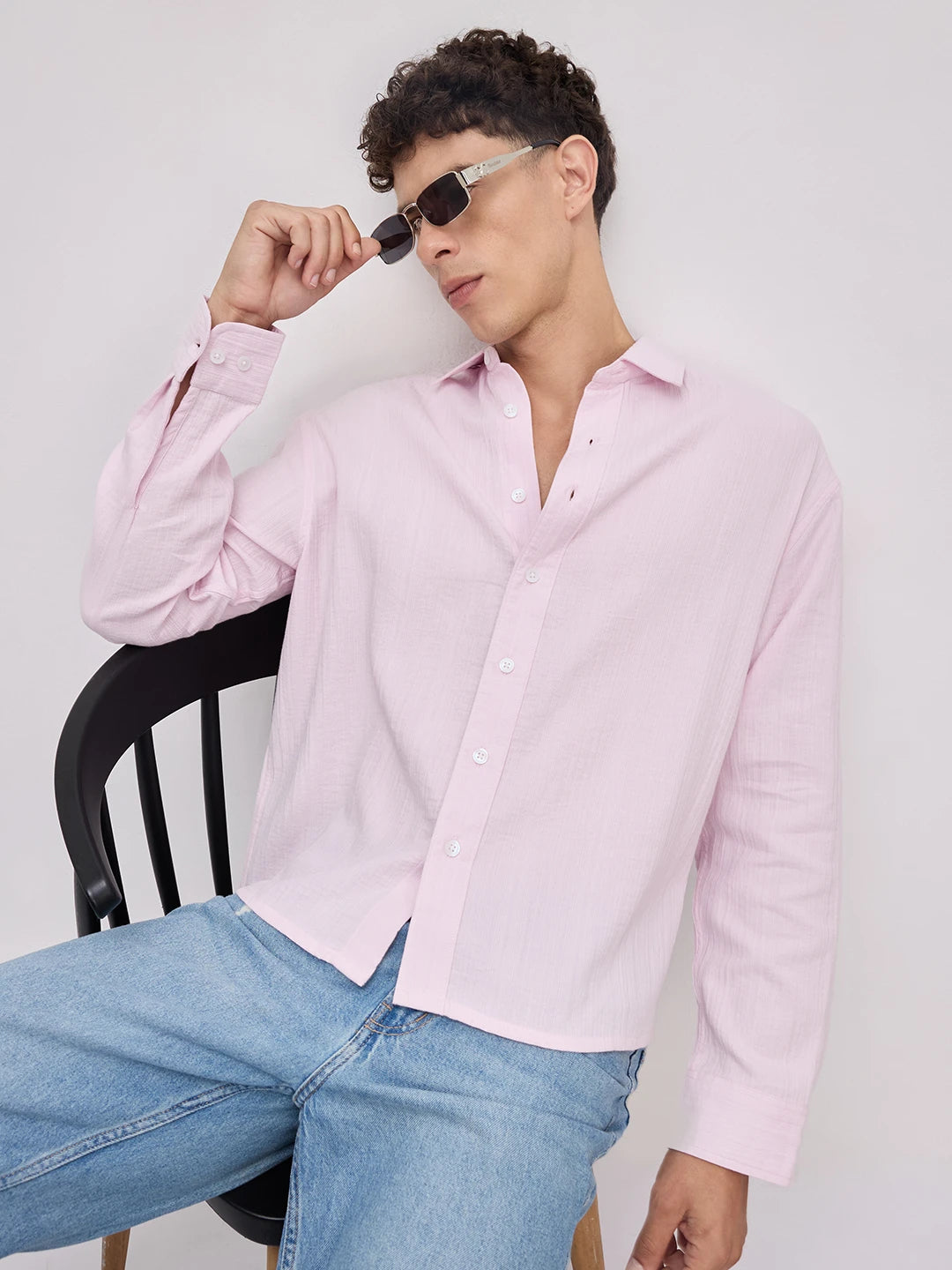 Soft Baby Pink Double Cloth Seersucker Striped Boxy Fit Crop Shirt