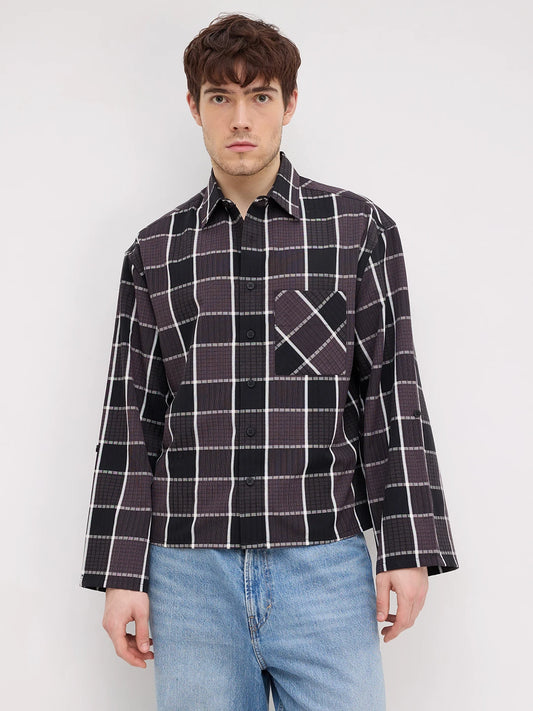 Artisan Esspresso Brown Square Checks Cuffless Oversized Crop Shirt