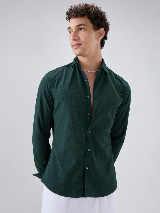 Deep Forest Green Minimal Weave Crinkled Shirt