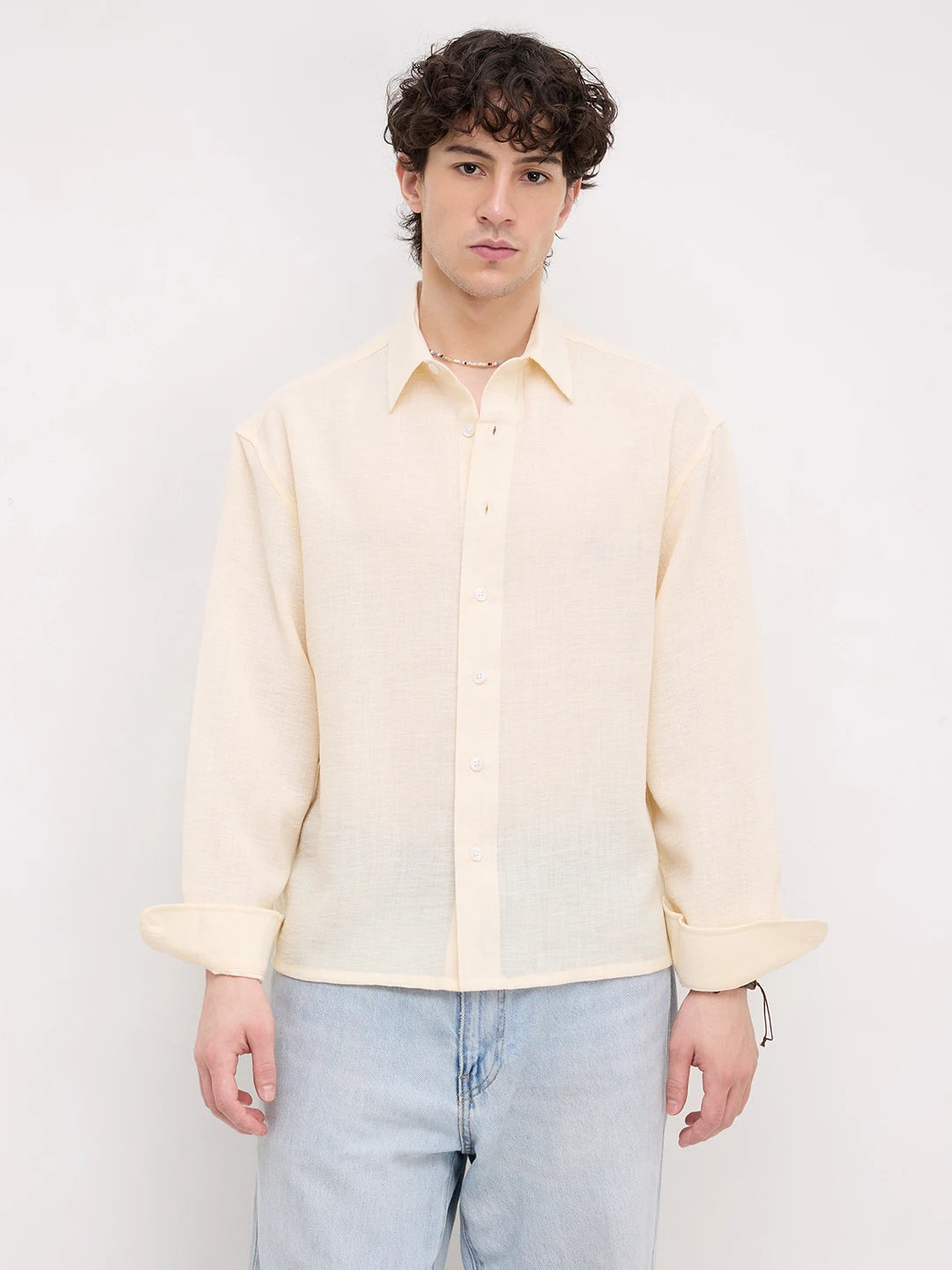 Plush Butter Yellow Sheer Weave Boxy Fit Crop Shirt