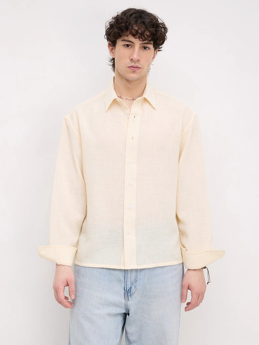 Plush Butter Yellow Sheer Weave Boxy Fit Crop Shirt