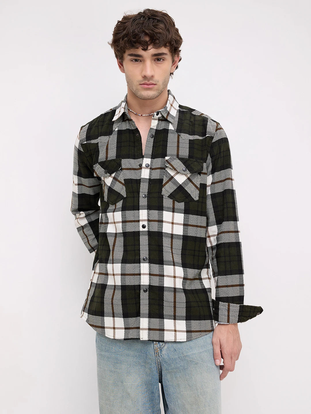 Olive & White Herringbone Weave Checked Flannel Corduroy Shirt
