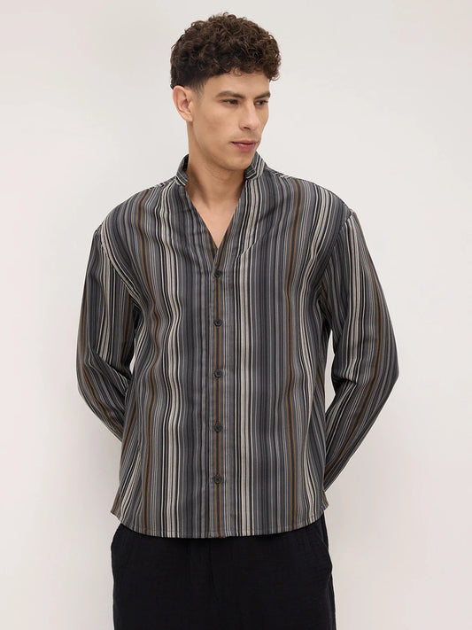 Arctic Breeze Honeycomb Grid Weave Mandarin Shirt