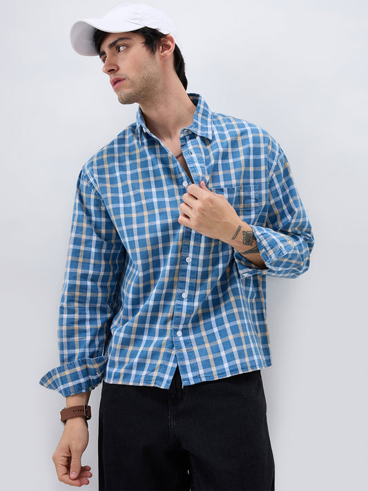 Denim Blue & Beige Comfort Checks Boxy Fit Crop Shirt