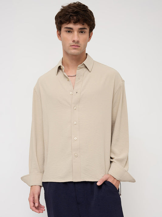 Sand Beige Velour Finish Boxy Fit Crop Shirt
