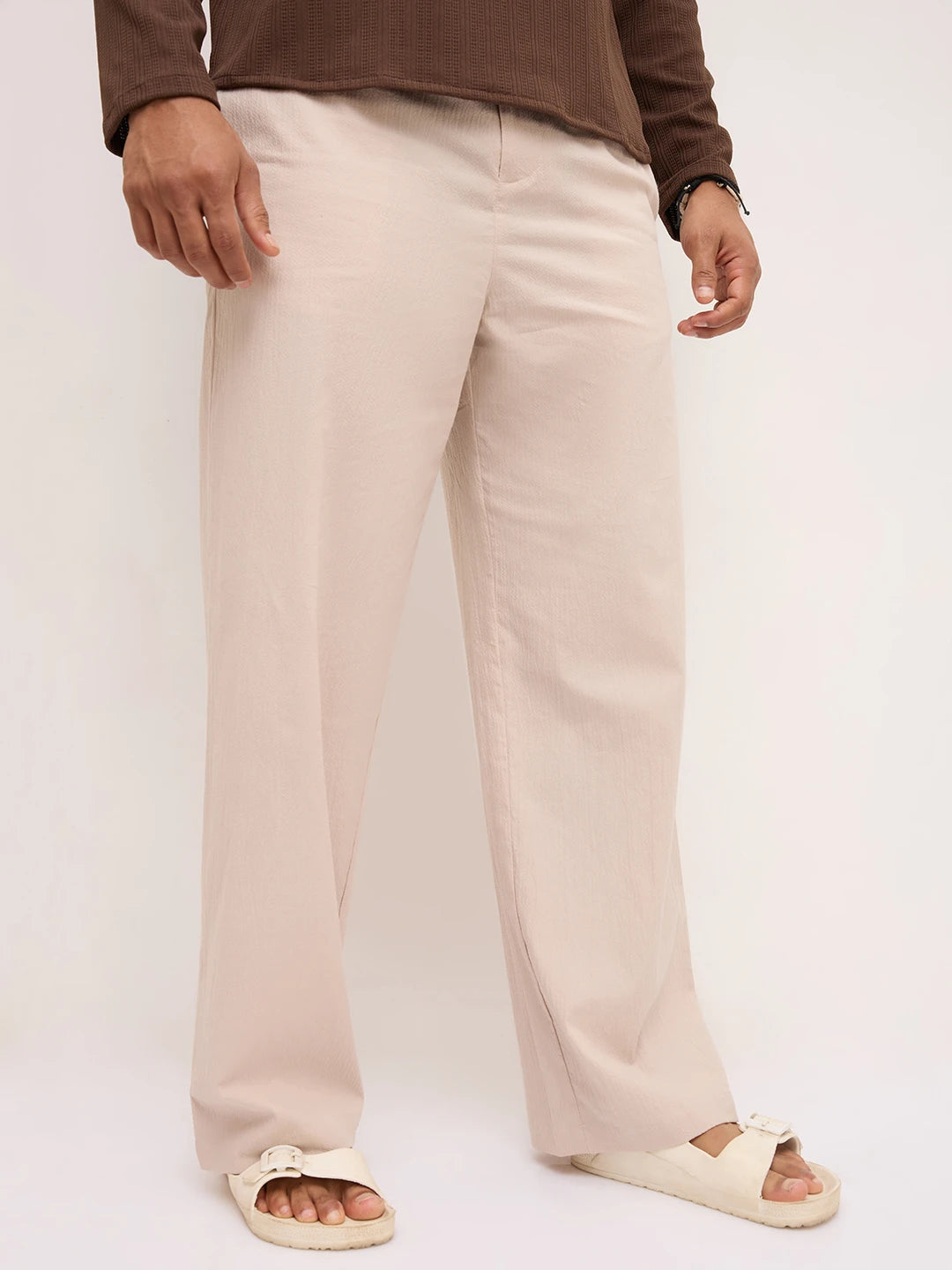Sand Beige Fine Textured Wide Leg Trousers