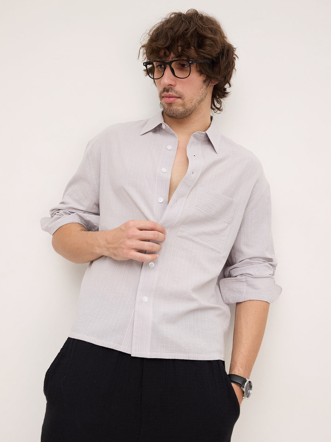 Ash Grey Fine Striped Textured Boxy Fit Crop Shirt