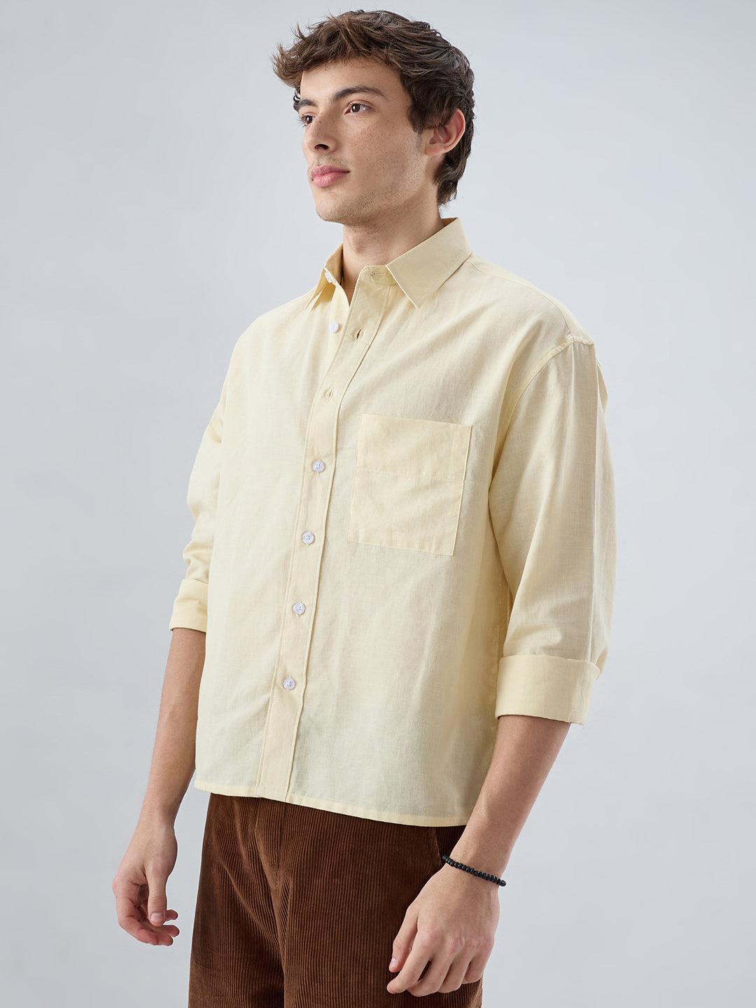Luxe Butter Yellow Fine Sheer Linen Blend Boxy Fit Crop Shirt