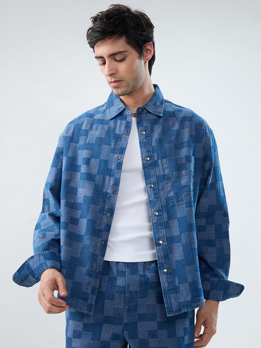 Elegant Denim Patch Block Checks Boxy Fit Crop Shirt