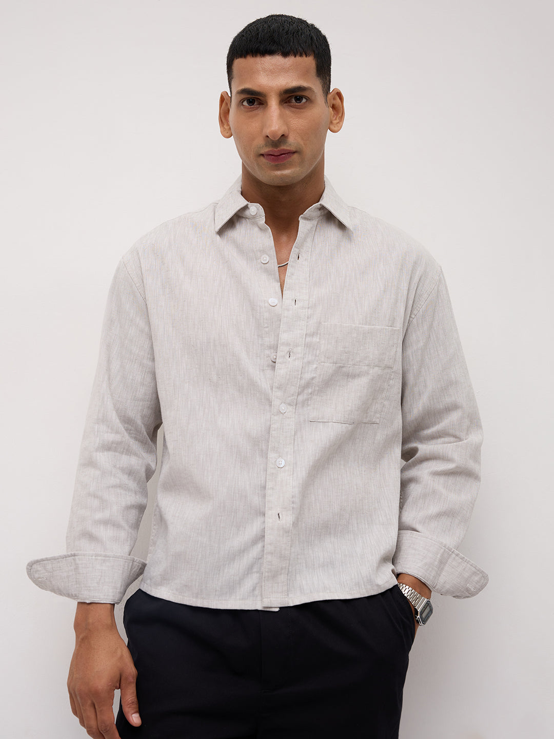 Grey Melange Textured Boxy Fit Crop Shirt