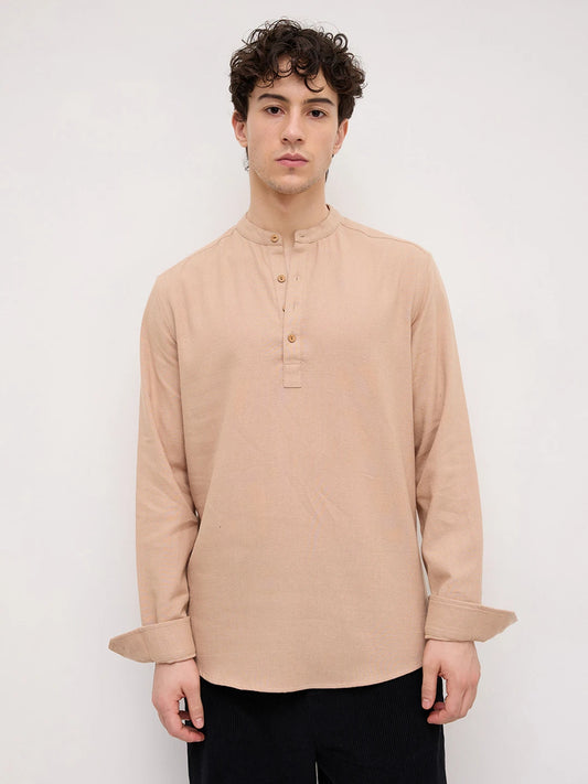 Beige Fine Geometrical Weave Textured Kurta