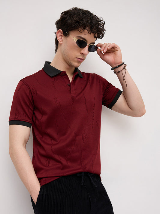 Aesthetic Maroon Textured Contrast Polo Knit T-Shirt