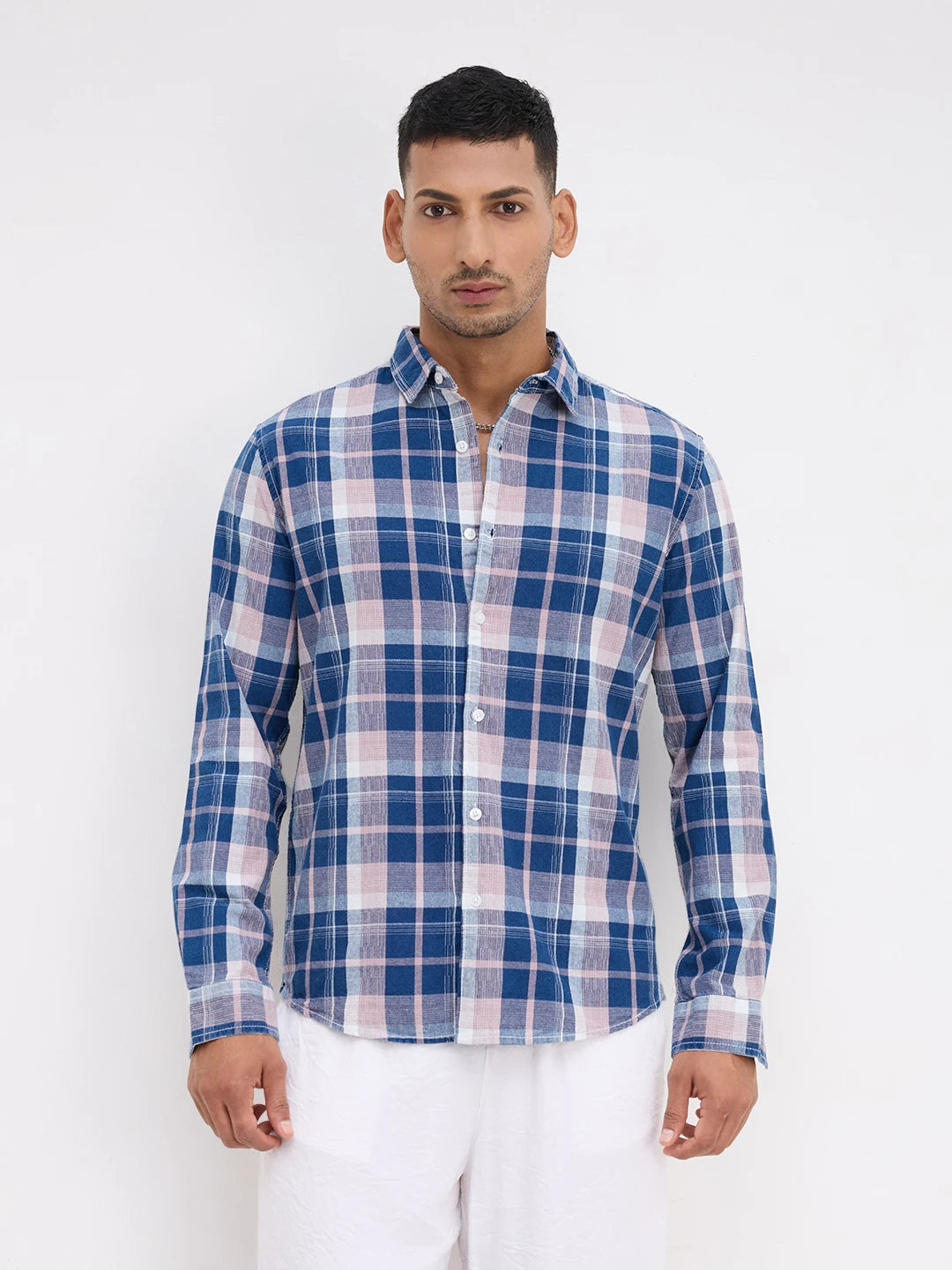 Denim Blue & Peach Multi Line Block Checks Shirt