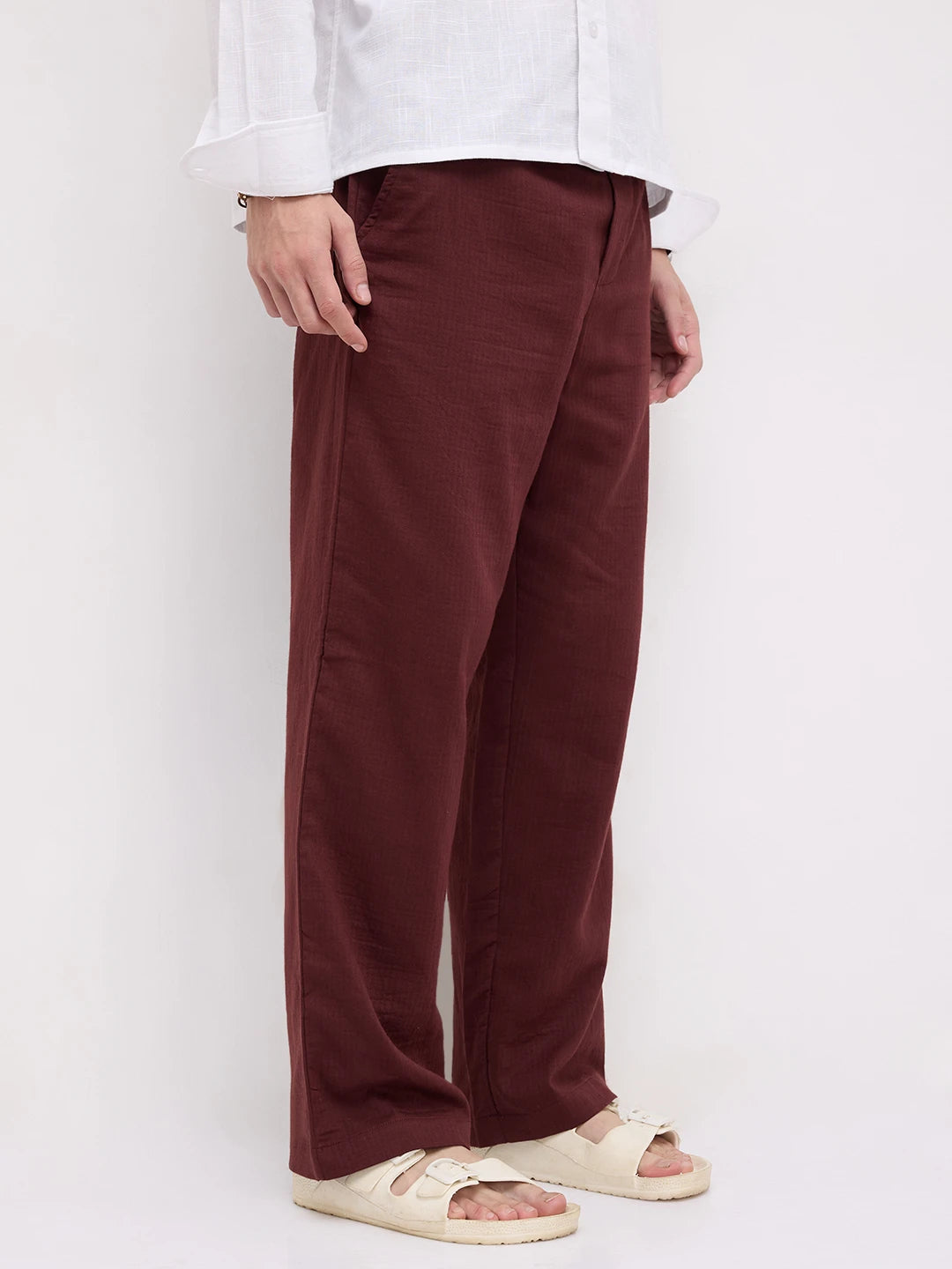 Maroon Herringbone Textured Straight Fit Trousers