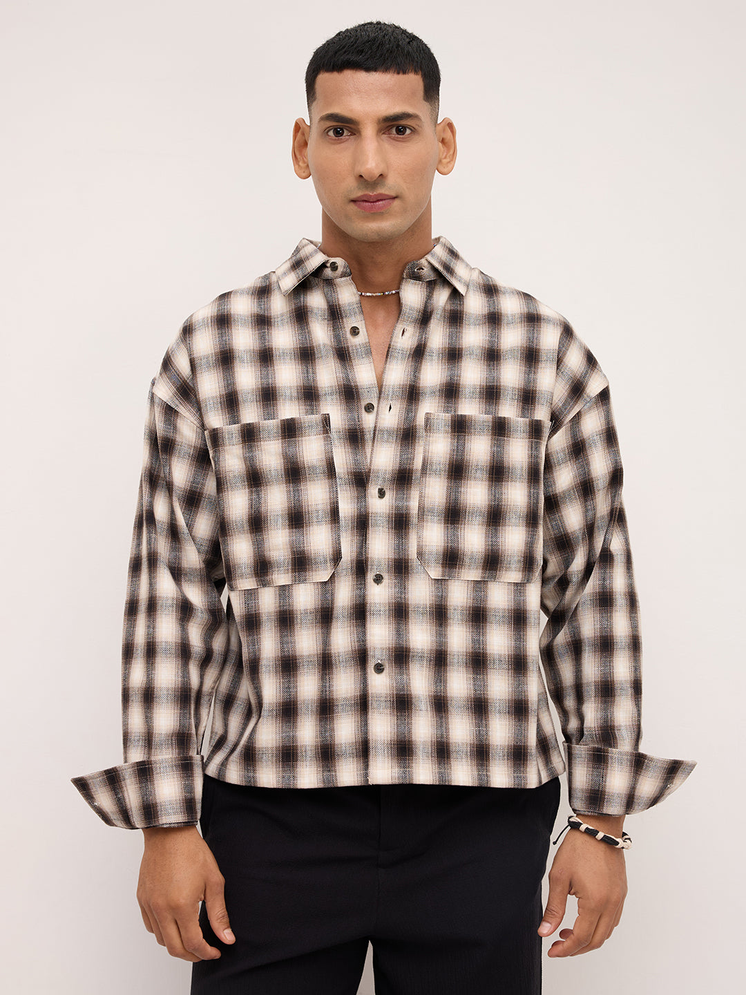 Beige & Black Tartan checks Double pocket Boxy Fit Crop Shirt