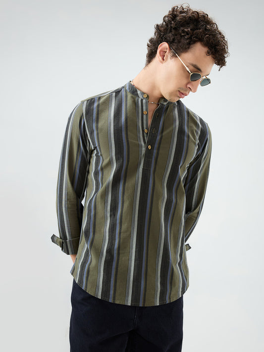 Refined Olive Multi Striped Kurta