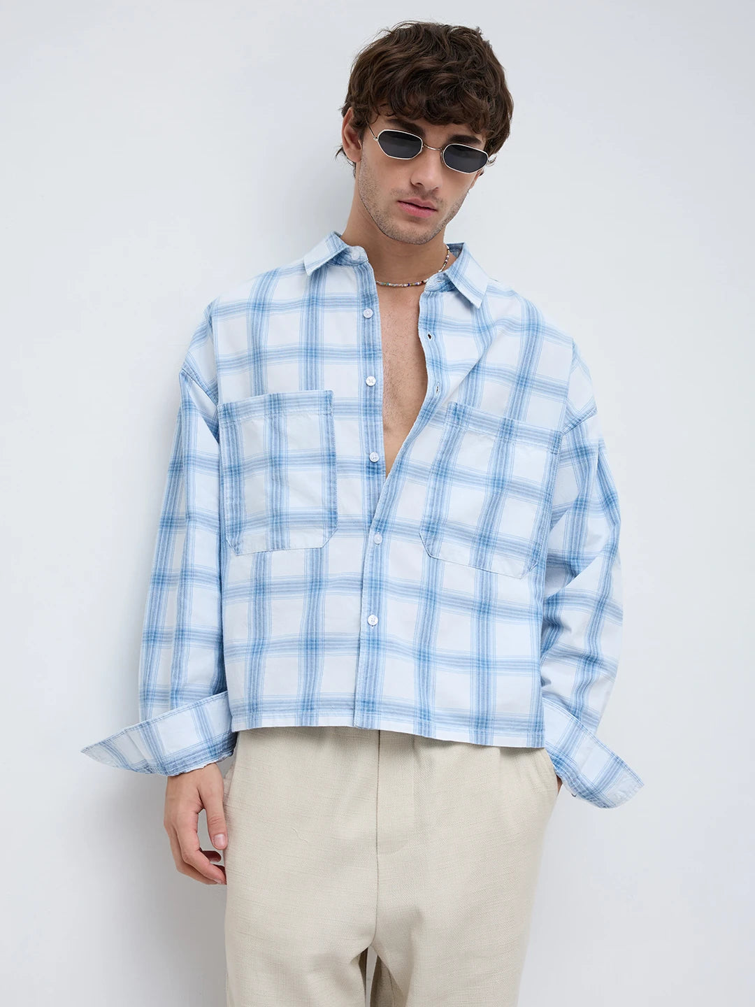 Timeless Denim Plaid Checks Twin Pocket Oversized Crop Shirt