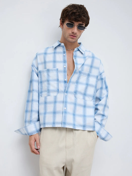 Timeless Denim Plaid Checks Twin Pocket Oversized Crop Shirt