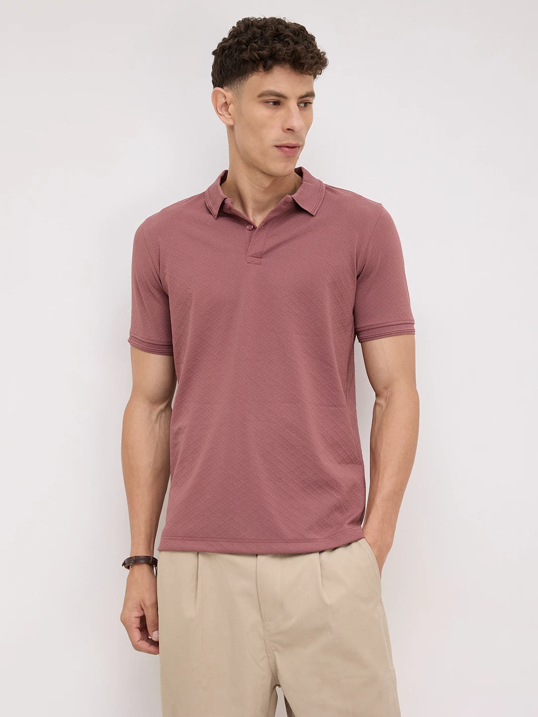 Dusty Rose Diamond Weave Polo Knit T-Shirt