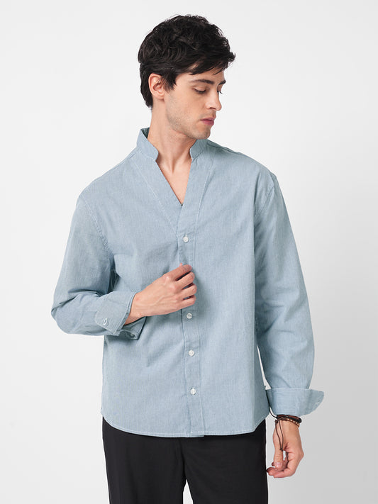 Navy & White Pinstripe Stand Collar Oversized Shirt