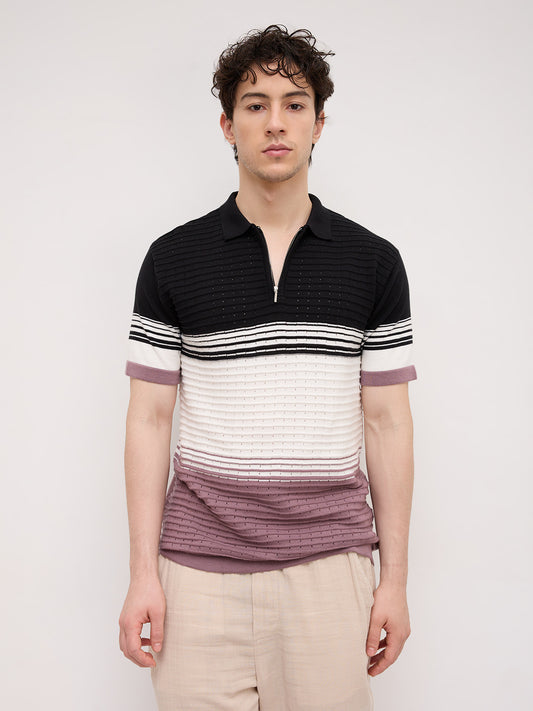 Twilight Horizon Panel Weave Zip Knit Polo T-Shirt
