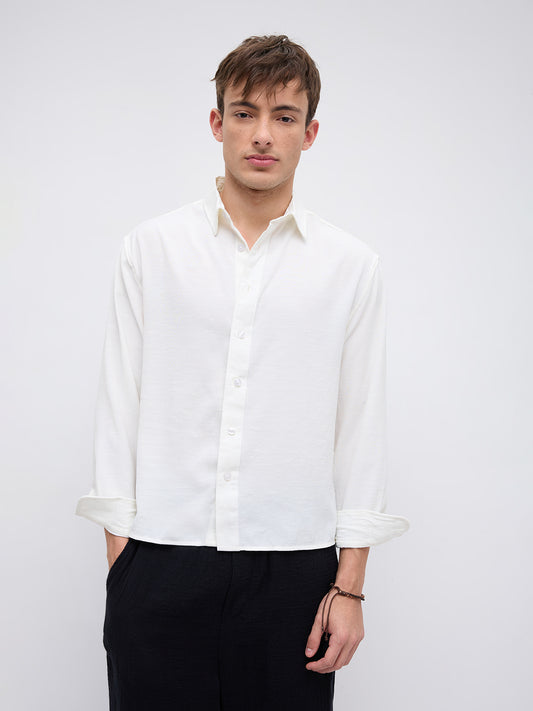 Pearl White Slub Crinkled Boxy Fit Crop Shirt