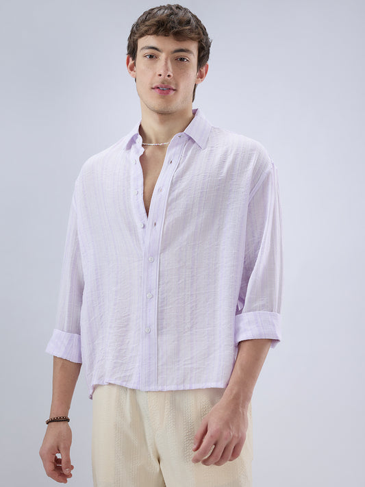 Elegant Lavender Airstripe Crinkled Boxy Fit Crop Shirt
