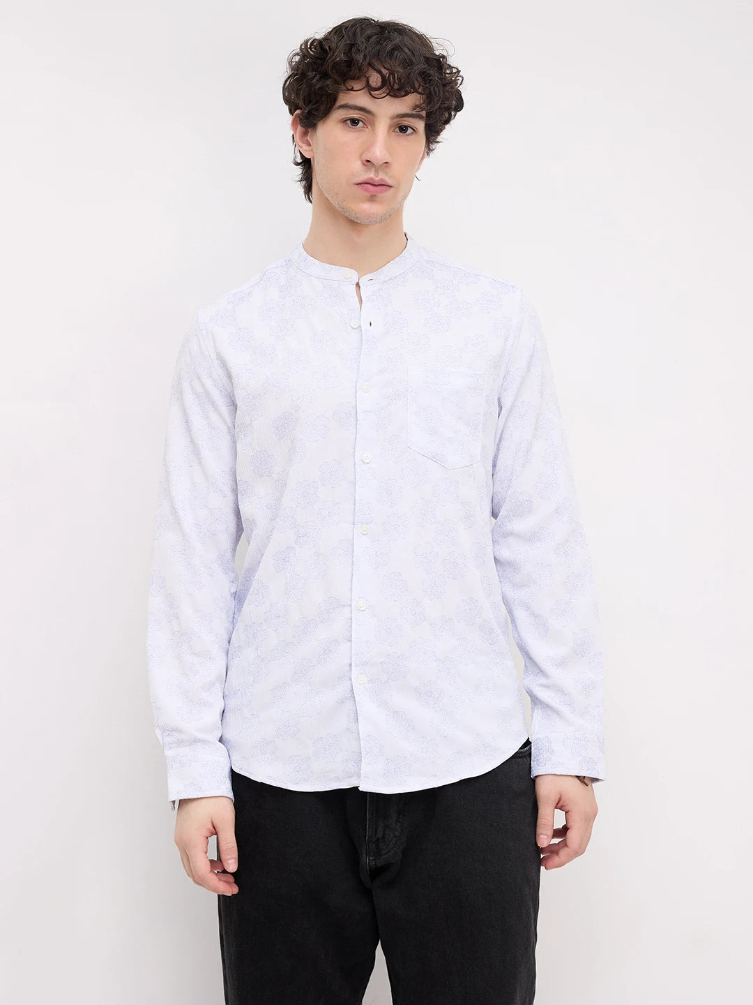 Cool Blue Floral Intricate Creased Mandarin Shirt