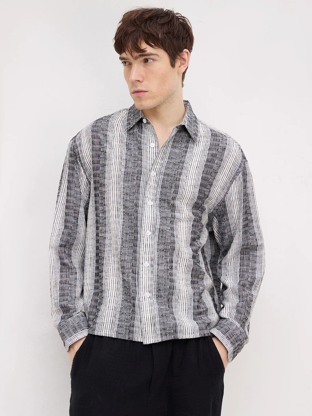 Intricate Charcoal Grey Striped Boxy Fit Crop Shirt