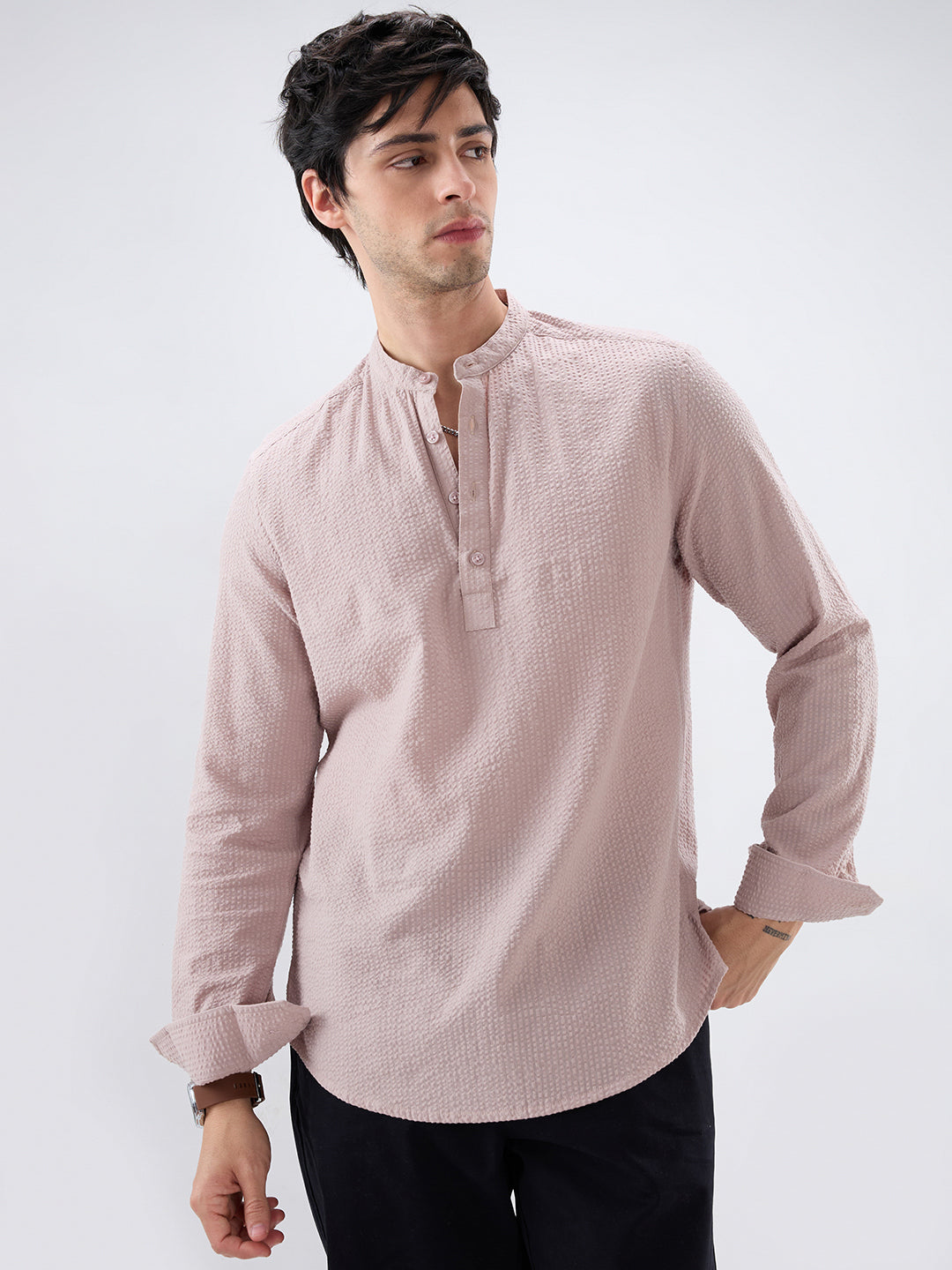 Taupe Beige Seersucker Striped Kurta