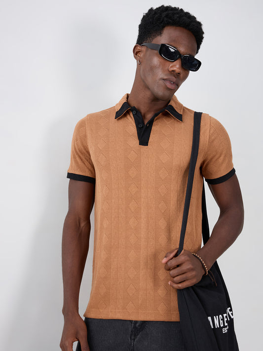 Warm Brown Diamond Weave Contrast Polo Knit T-shirt
