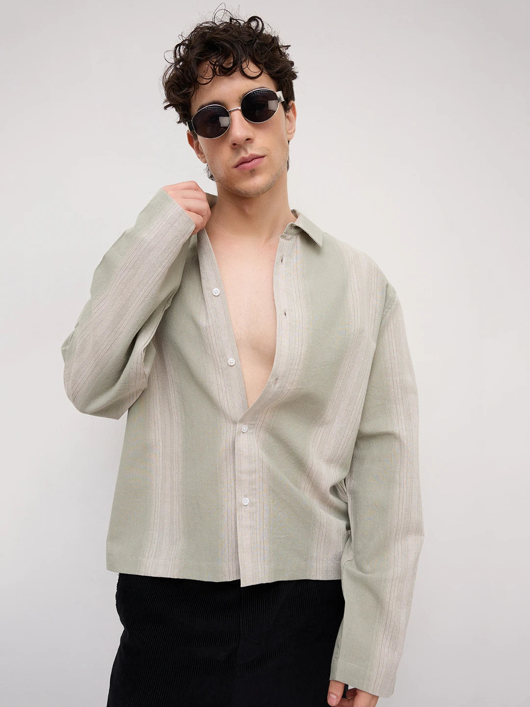 Mist Green Vertical Textured Cuffless Oversized Shirt