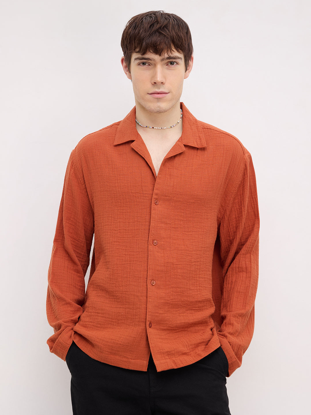 Firey Rust Double Cloth Notch Collar Oversized Shirt