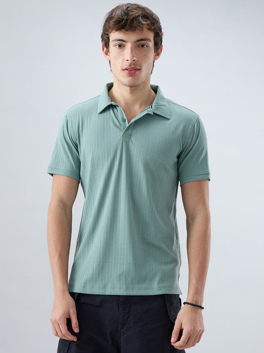 Refined Jungle Green Hairline Striped Polo Knit T-Shirt