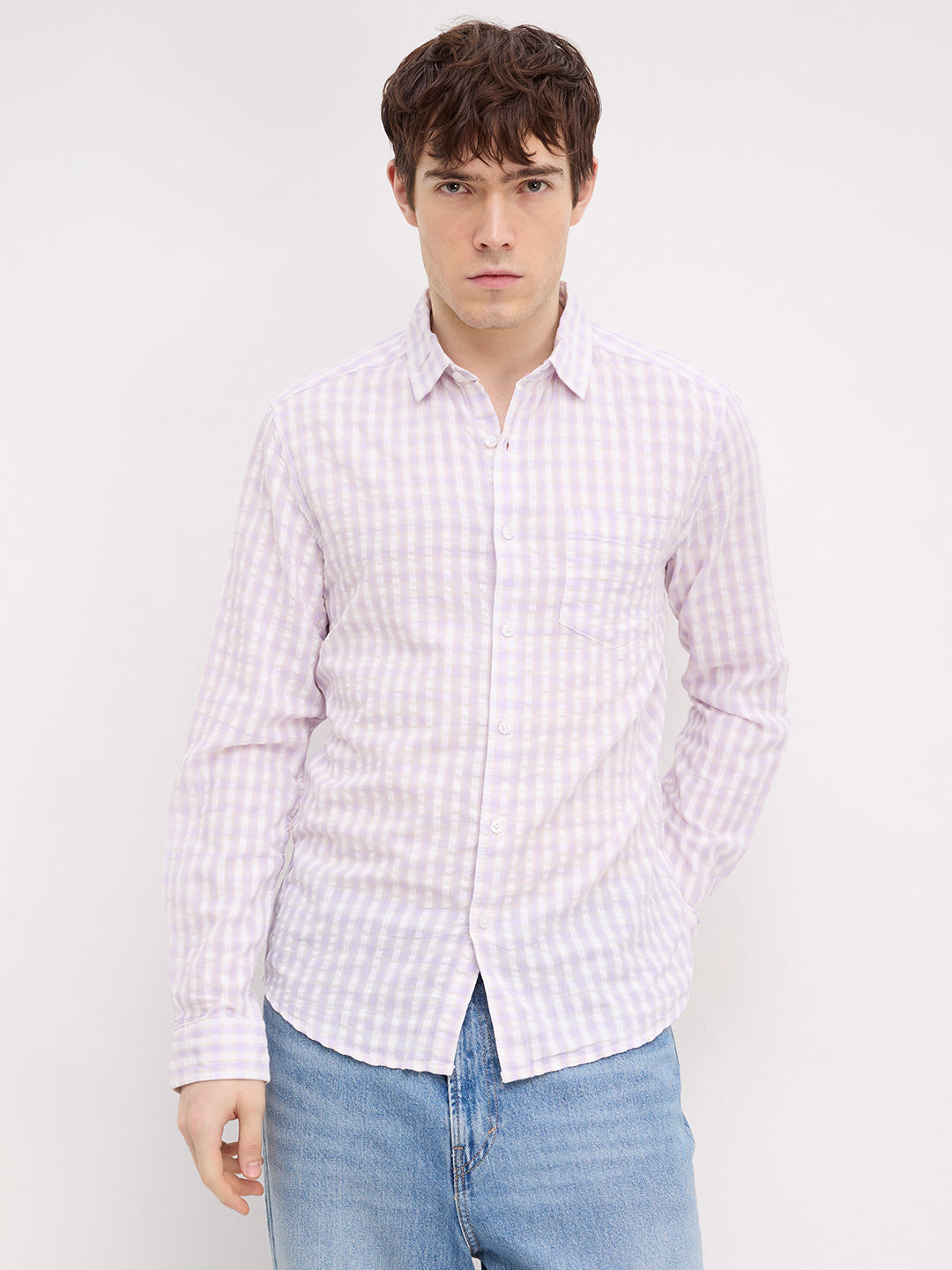 Muted Lilac Shadow Check Calm Aesthetic Shirt