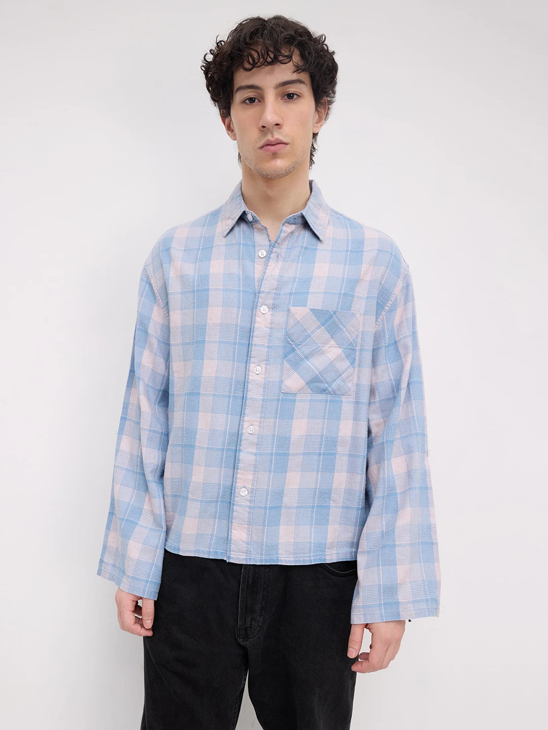 Luxe Denim Square Checks Cuffless Oversized Crop Shirt