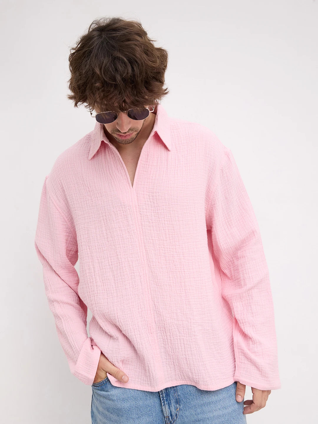 Sakura Pink Double Cloth Center Seam Oversized Polo Shirt