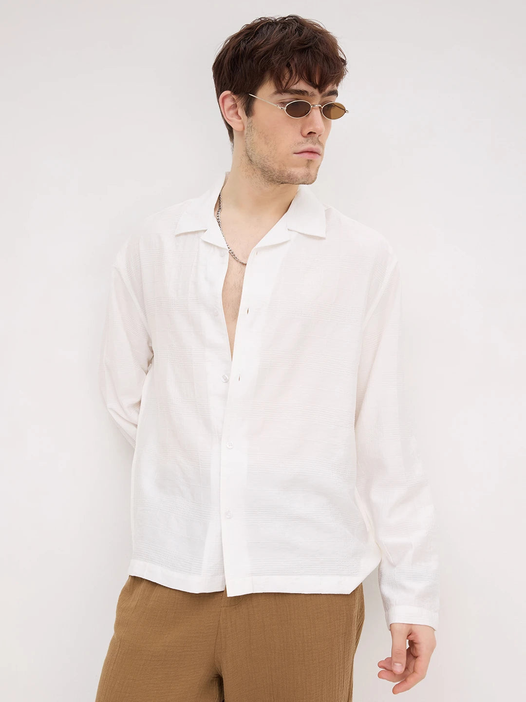 Artisan Pearl White Plaid Textured Notch Collar Oversized Shirt
