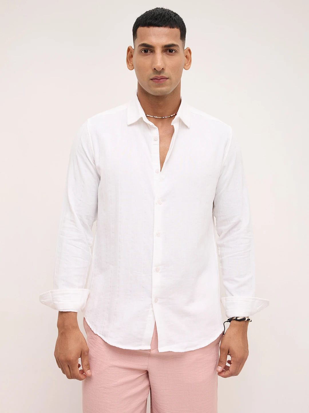 Classic White Double Cloth Striped Textured Shirt