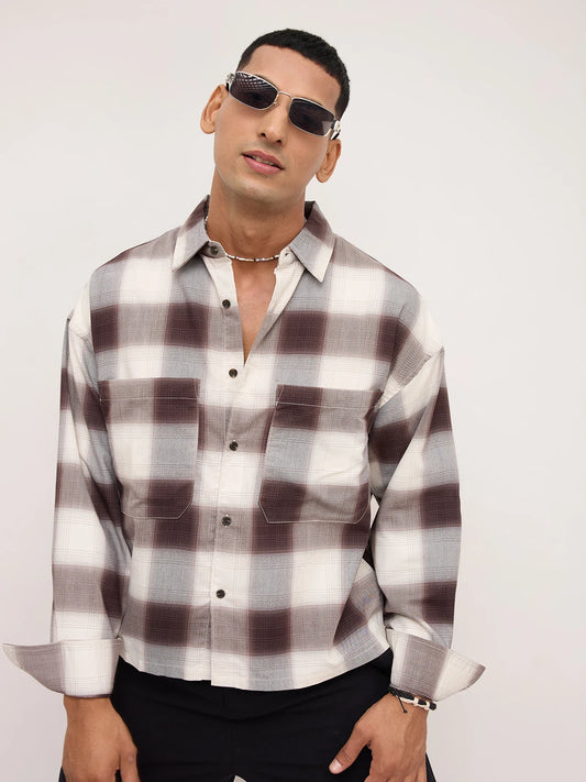Brown & Grey Shadow Checks Boxy Fit Crop Utility Shirt