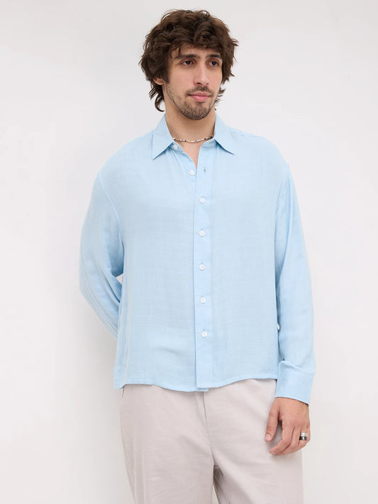 Plush Artic Blue Airloom Double Cloth Boxy Fit Crop Shirt