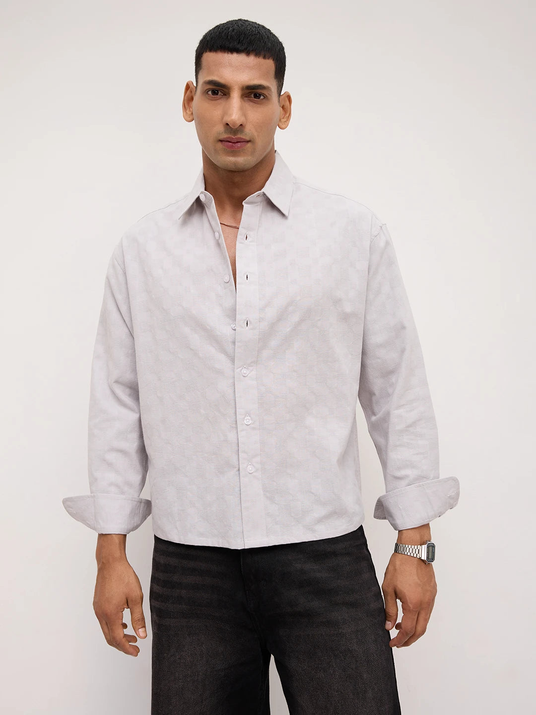 Luxe Grey Square Embossed Boxy Fit Crop Shirt
