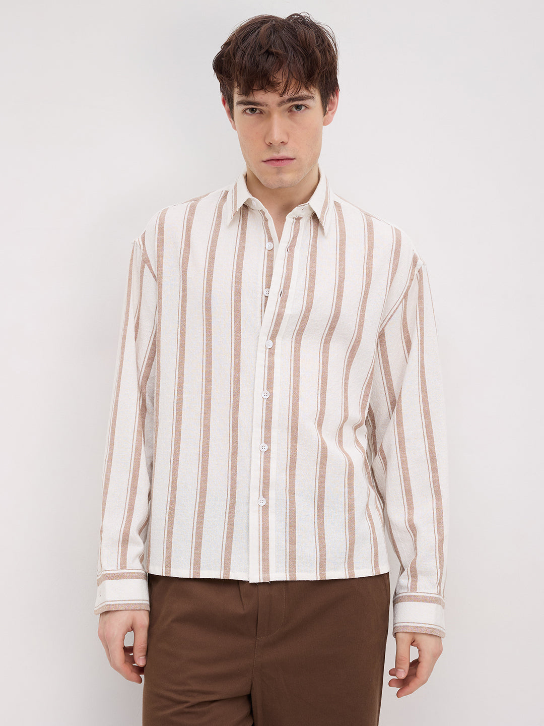 Natural Deep Khaki Striped Boxy Fit Crop Shirt