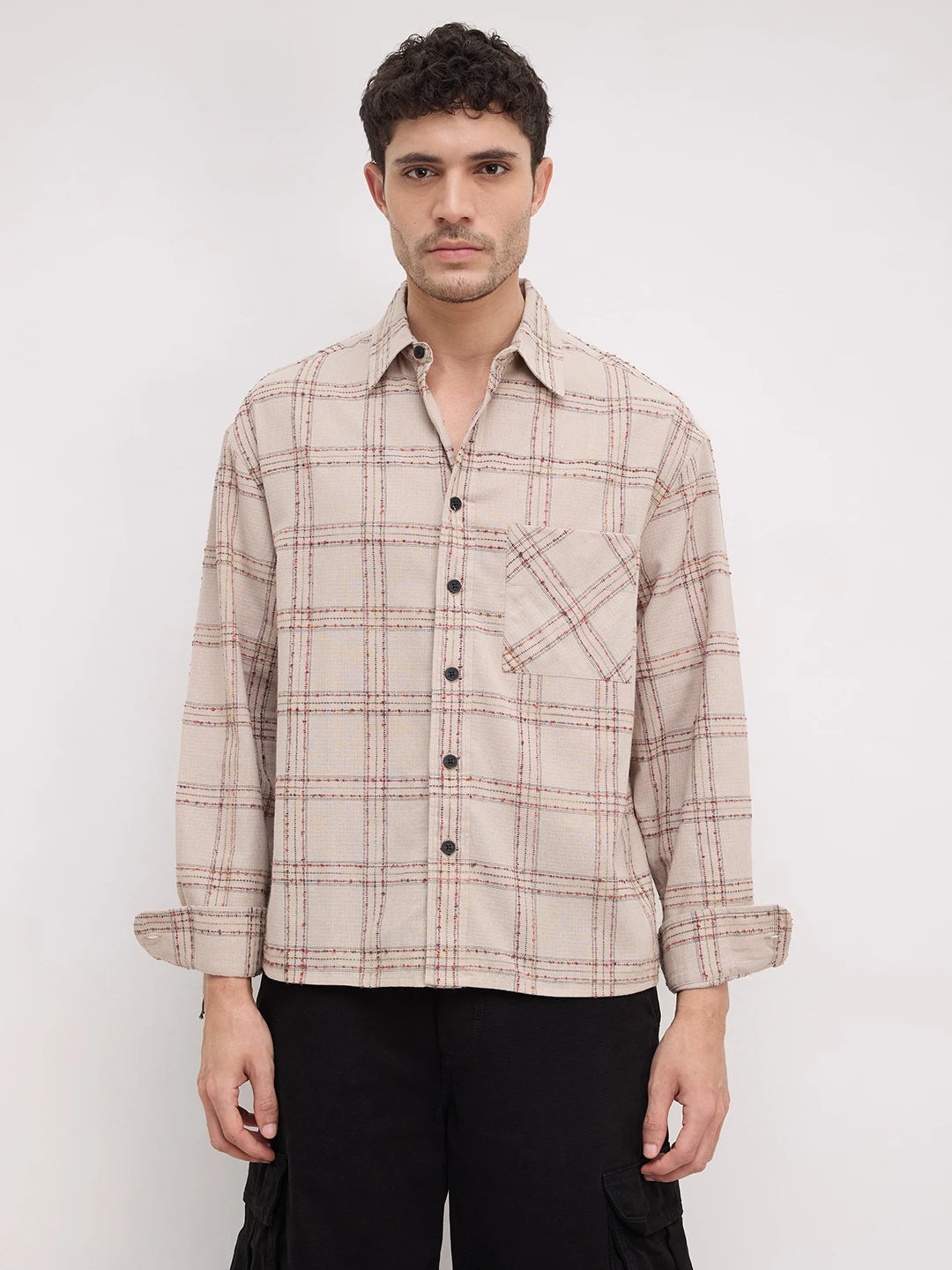 Sunbaked Canvas Weave Plaid Checks Boxy Fit Crop Shirt