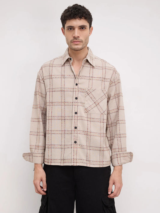 Sunbaked Canvas Weave Plaid Checks Boxy Fit Crop Shirt