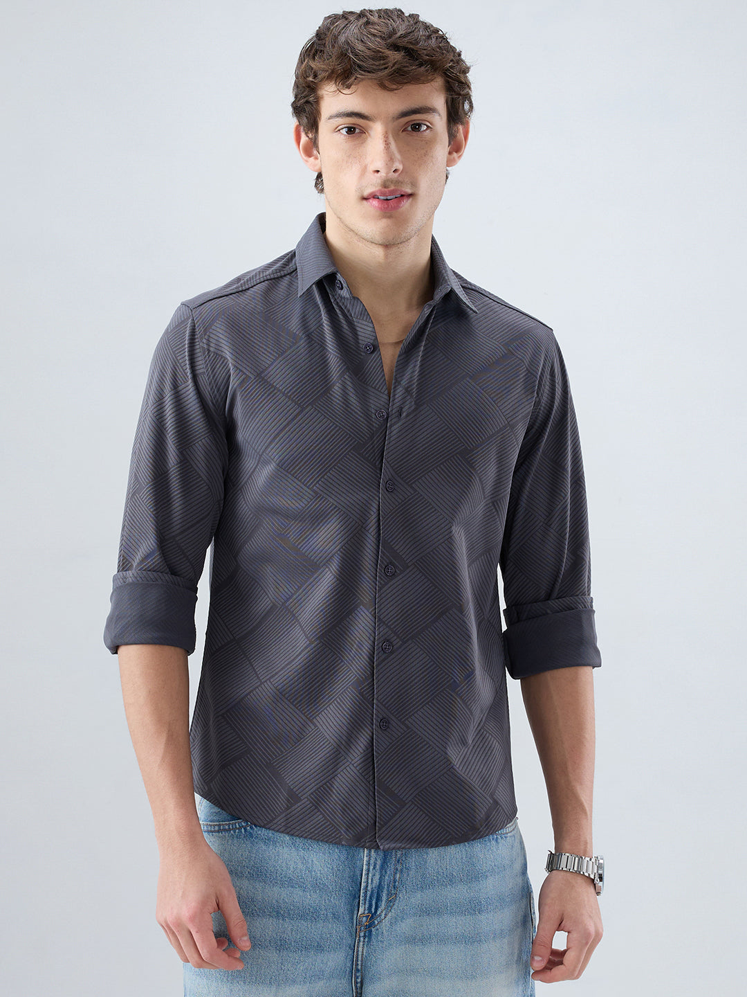 Intricate Grey Block Weave Knitted Shirt