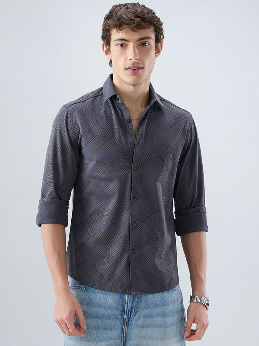 Intricate Grey Block Weave Knitted Shirt