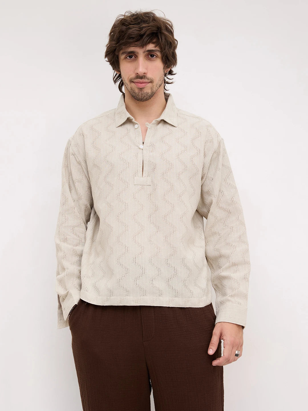 Ash Grey Intricate Crossweave Jacquard Loop Button Oversized Shirt