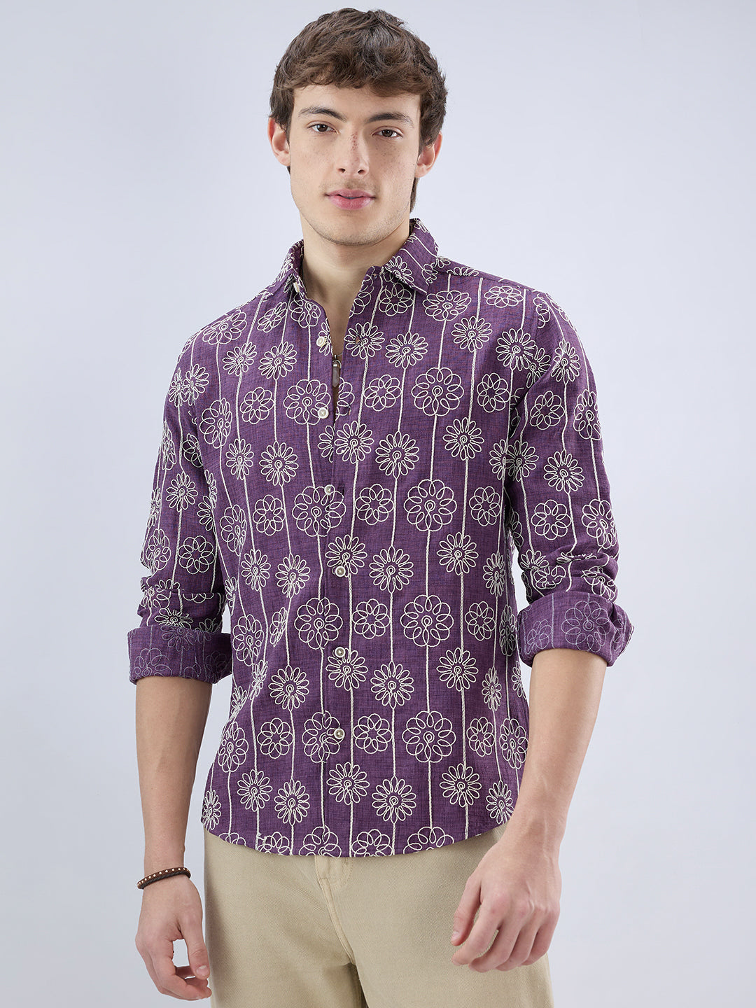 Aubergine Floral Embroidered Slub Shirt