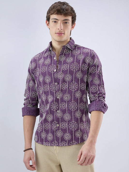Aubergine Floral Embroidered Slub Shirt